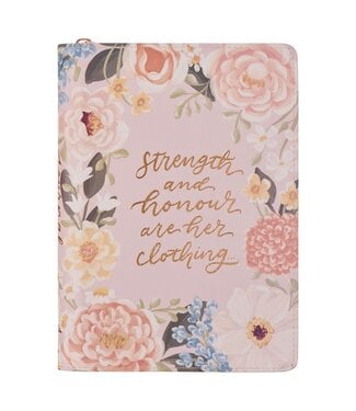 Christian Art Gifts Strength and Honor Pink Floral Faux Leather Classic Journal with Zipper Closure - Proverbs 31:25 | 仿皮拉鏈經典筆記本