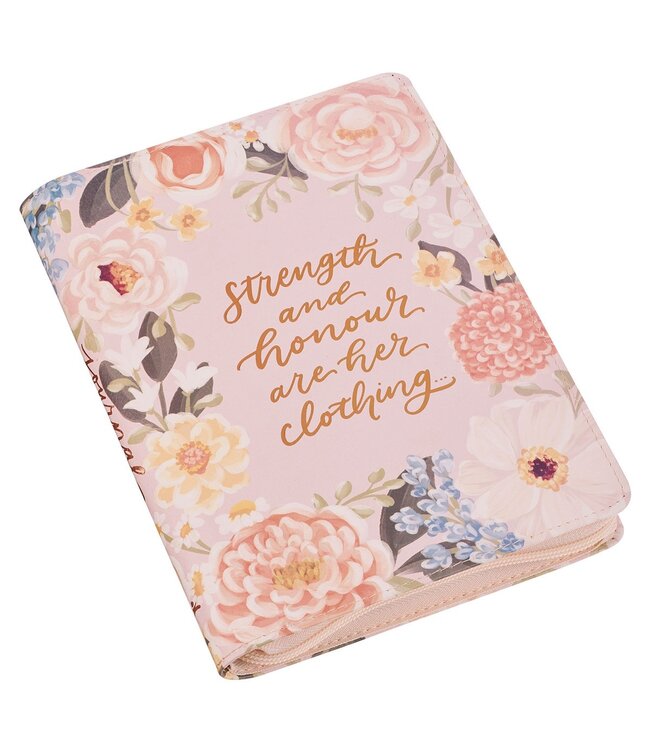 Strength and Honor Pink Floral Faux Leather Classic Journal with Zipper Closure - Proverbs 31:25 | 仿皮拉鏈經典筆記本