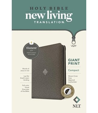 Tyndale House NLT Compact Giant Print Bible Filament-Enabled w/Zipper-Woven Cross Gray LeatherLike Indexed