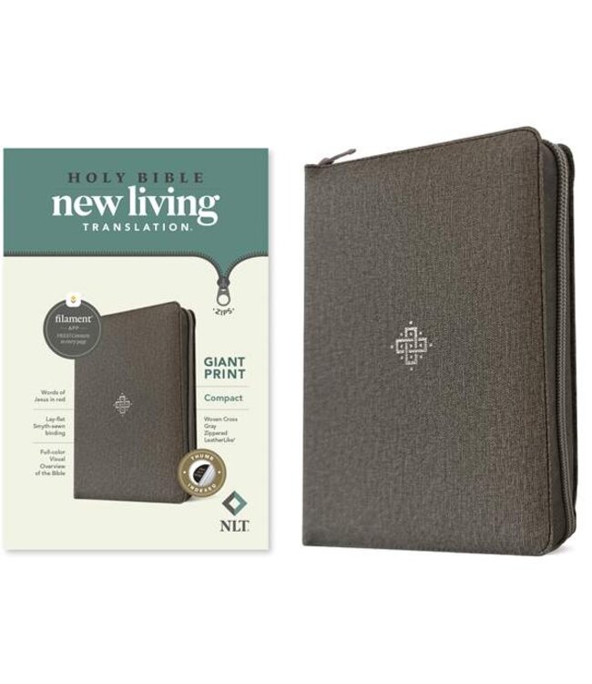 NLT Compact Giant Print Bible Filament-Enabled w/Zipper-Woven Cross Gray LeatherLike Indexed
