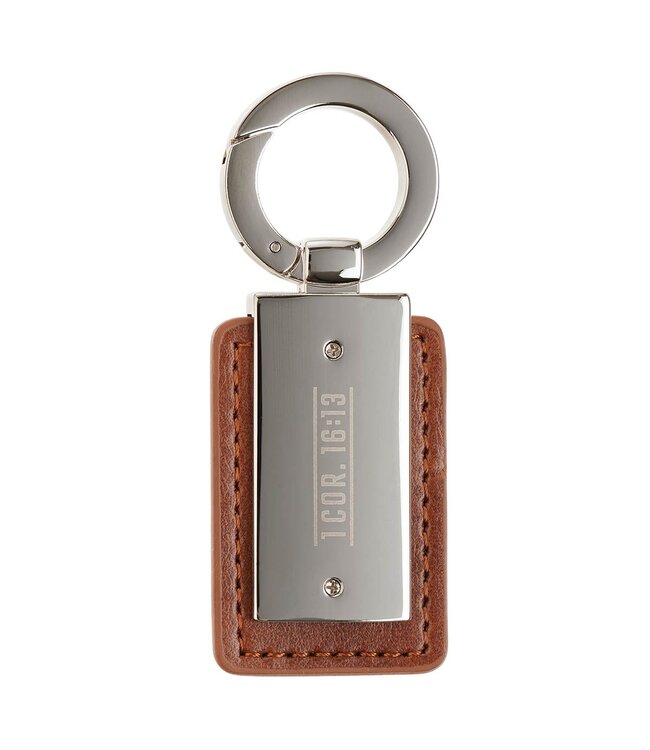Stand Firm in the Faith Honey-brown Faux Leather and Silver Metal Keychain - 1 Corinthians 16:13 | 仿皮銀色金屬鑰匙圈
