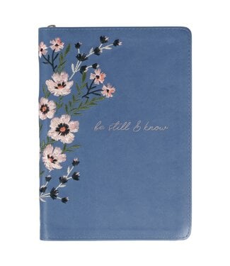 Christian Art Gifts Be Still Floral Embroidered Blue Faux Leather Classic Journal with Zippered Closure - Psalm 46:10 | 繡花仿皮拉鏈筆記本