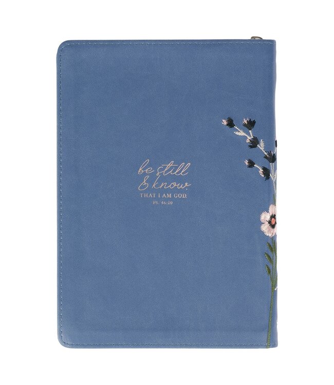 Be Still Floral Embroidered Blue Faux Leather Classic Journal with Zippered Closure - Psalm 46:10 | 繡花仿皮拉鏈筆記本
