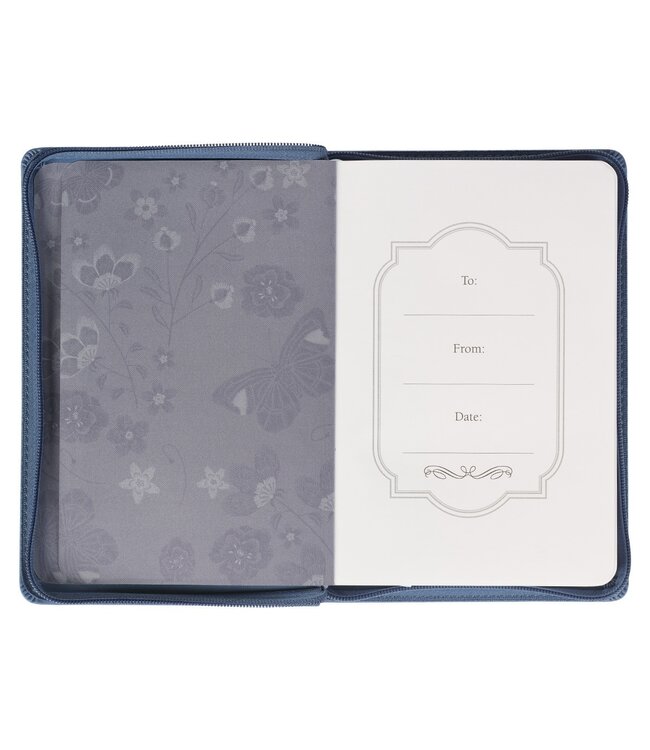 Be Still Floral Embroidered Blue Faux Leather Classic Journal with Zippered Closure - Psalm 46:10 | 繡花仿皮拉鏈筆記本