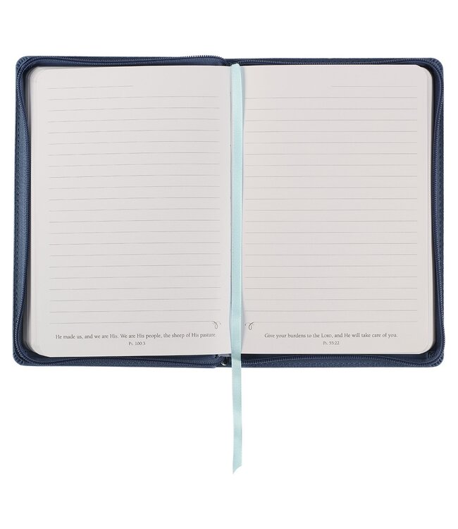 Be Still Floral Embroidered Blue Faux Leather Classic Journal with Zippered Closure - Psalm 46:10 | 繡花仿皮拉鏈筆記本