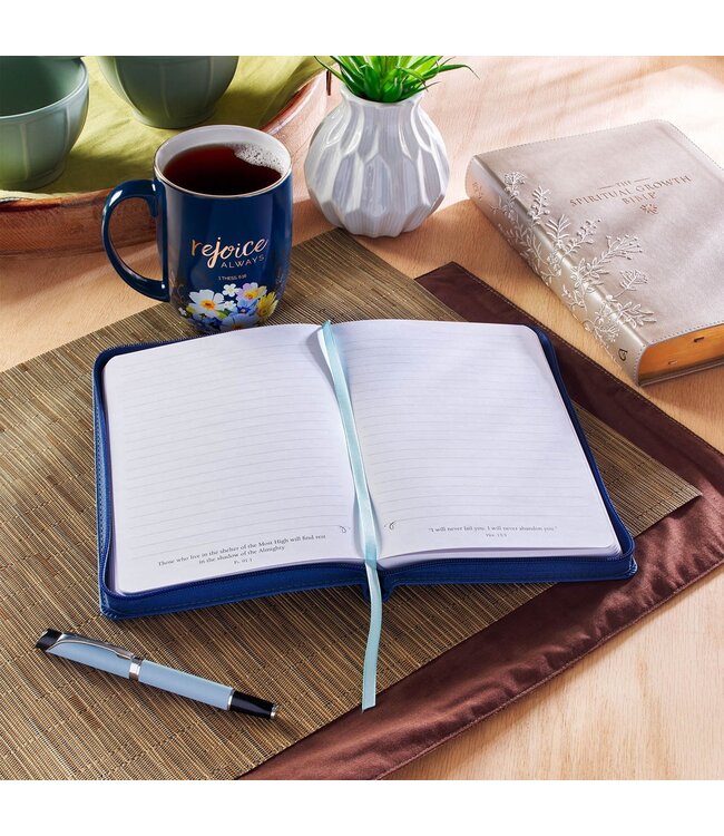 Be Still Floral Embroidered Blue Faux Leather Classic Journal with Zippered Closure - Psalm 46:10 | 繡花仿皮拉鏈筆記本