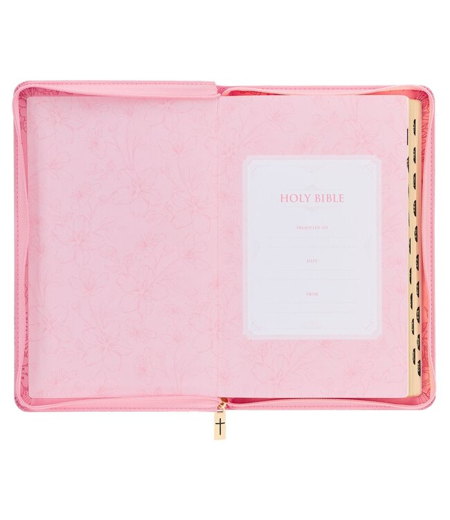 Blossom Pink Faux Leather King James Version Deluxe Gift Bible with Thumb Index and Zippered Closure