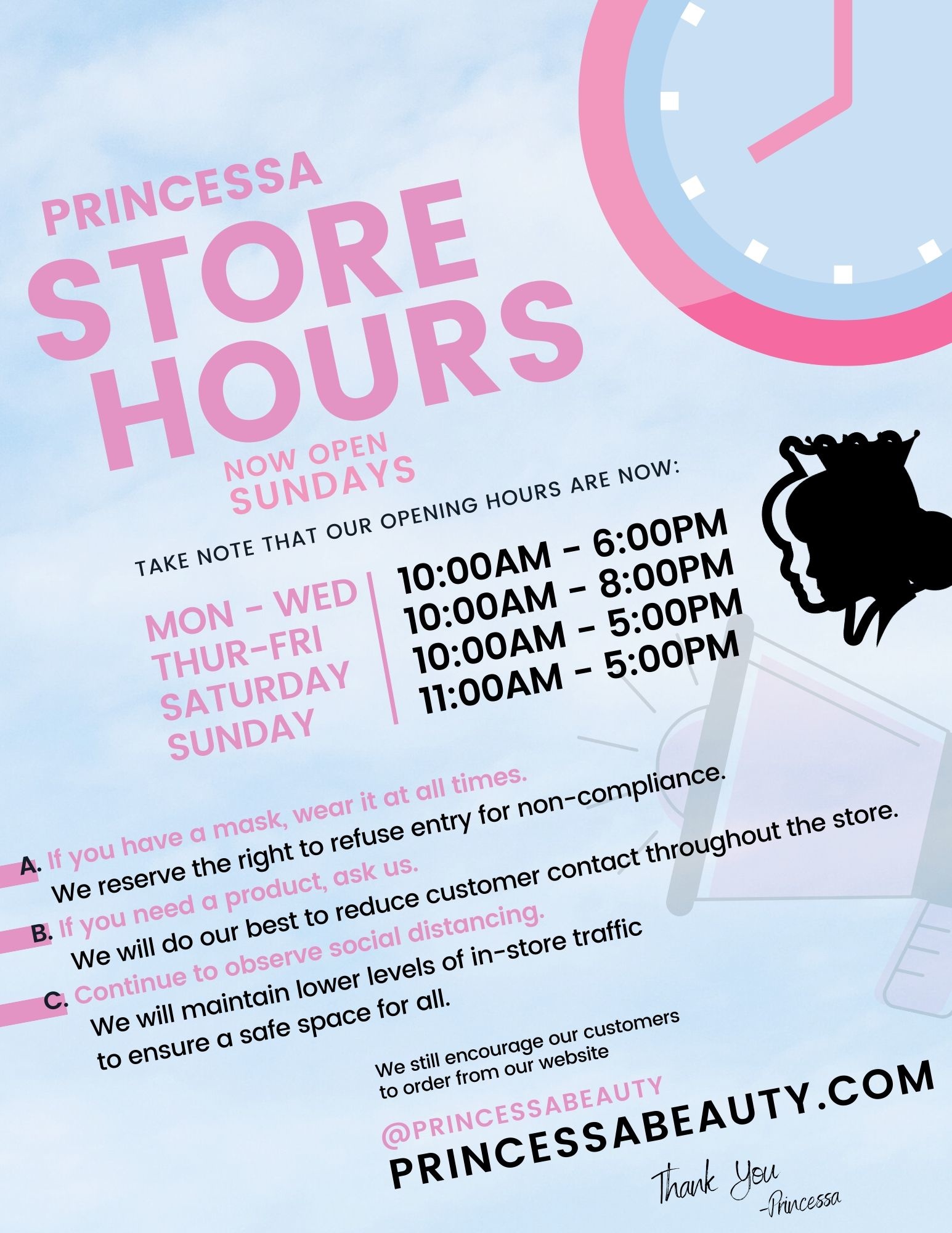 Princessa now reopen on Sundays!