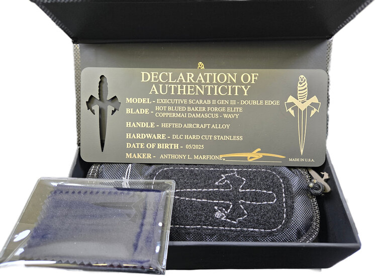 Microtech Marfione Custom Knives Executive Scarab Ⅱ Gen Ⅲ D/E Hot Blued Baker Elite Coppermai Damascus - Wavy Hefted Alloy DLC Hard Cut Stainless Chassis