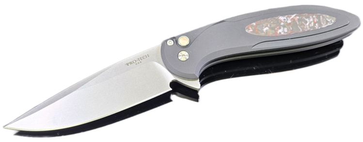Pro-Tech Pro-Tech Cambria Flipper Black Alum W/ TechnoCarbo Red Inlay Stonewash Magnacut Blade Black Lip Pearl Button