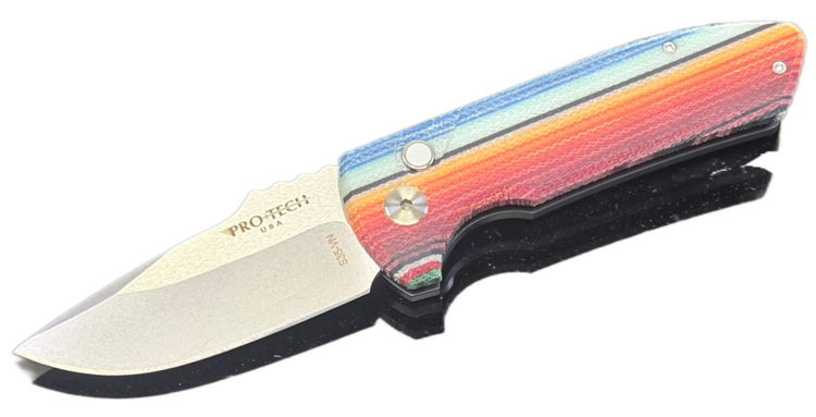 Pro-Tech Pro-Tech SBR Auto W/ Thicker Aluminum Bottom G-carta "Mexican Blanket" Micarta Top White Pearl Button