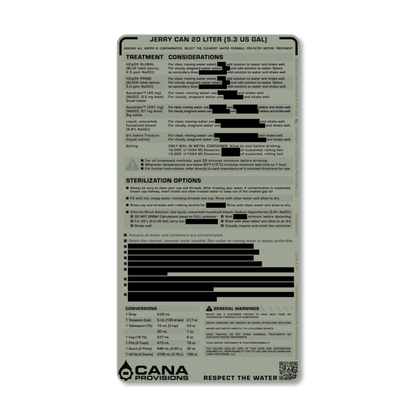 CANA PROVISIONS 20L JERRY CAN (5.3 US GAL) DECAL