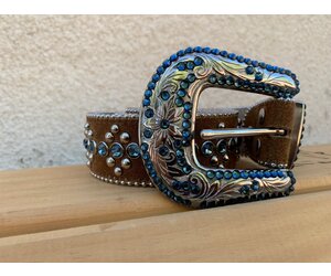 BB Simon Brown/Blue Swarovski Crystal Suede Belt sz L