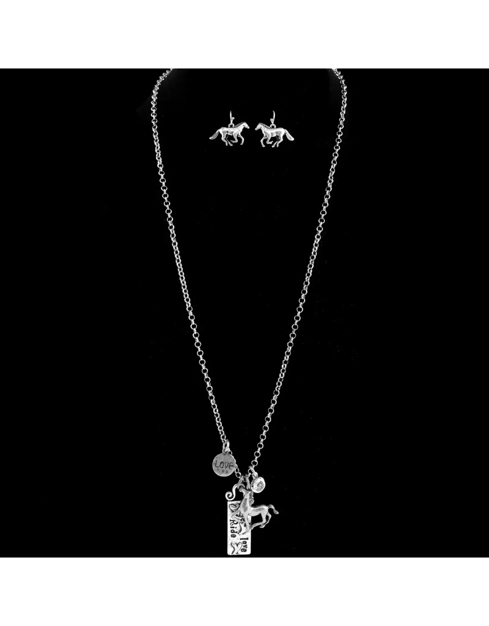 Luna Deer Horse Live Love Ride Plate Necklace Earring Set Silver