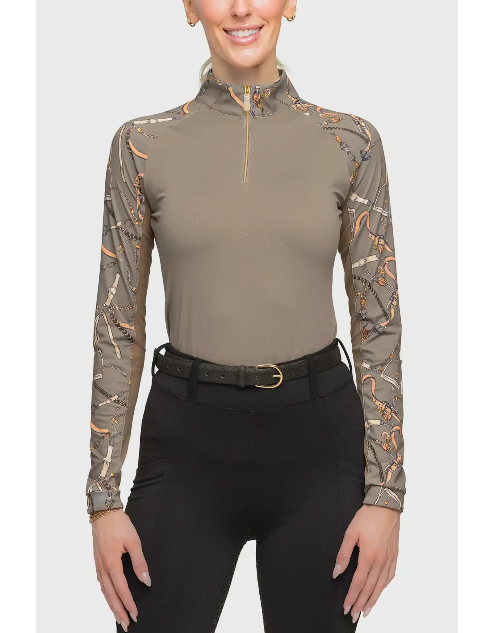 Kastel Long Sleeve  Raglan Taupe Belts 1/4 Zip Shirt