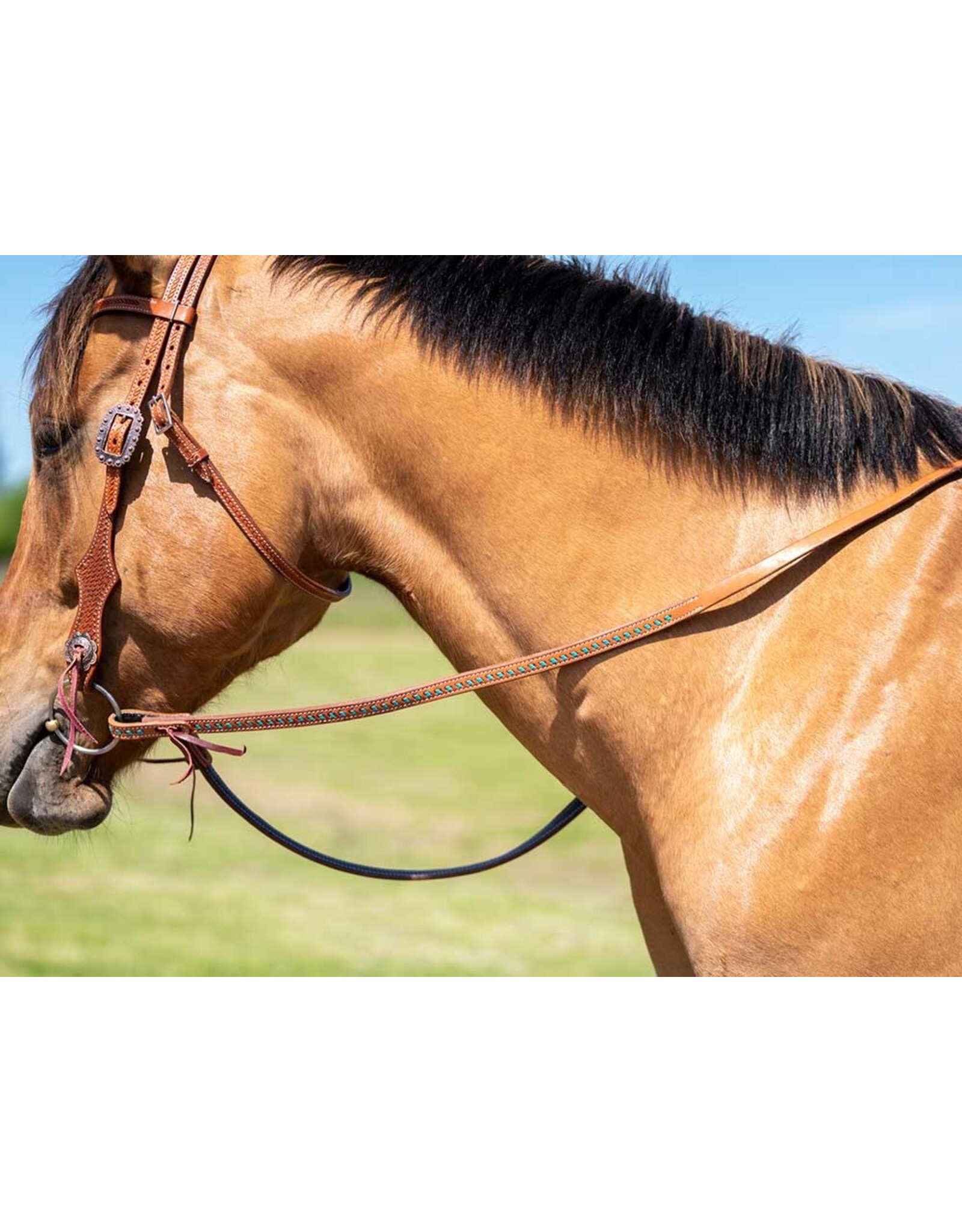 Grewal Western Split Reins with Turquoise Buckstitching  Tie Closure