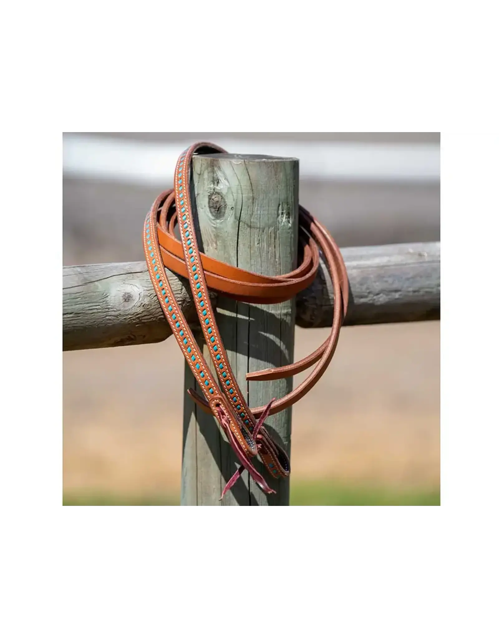 Grewal Western Split Reins with Turquoise Buckstitching  Tie Closure