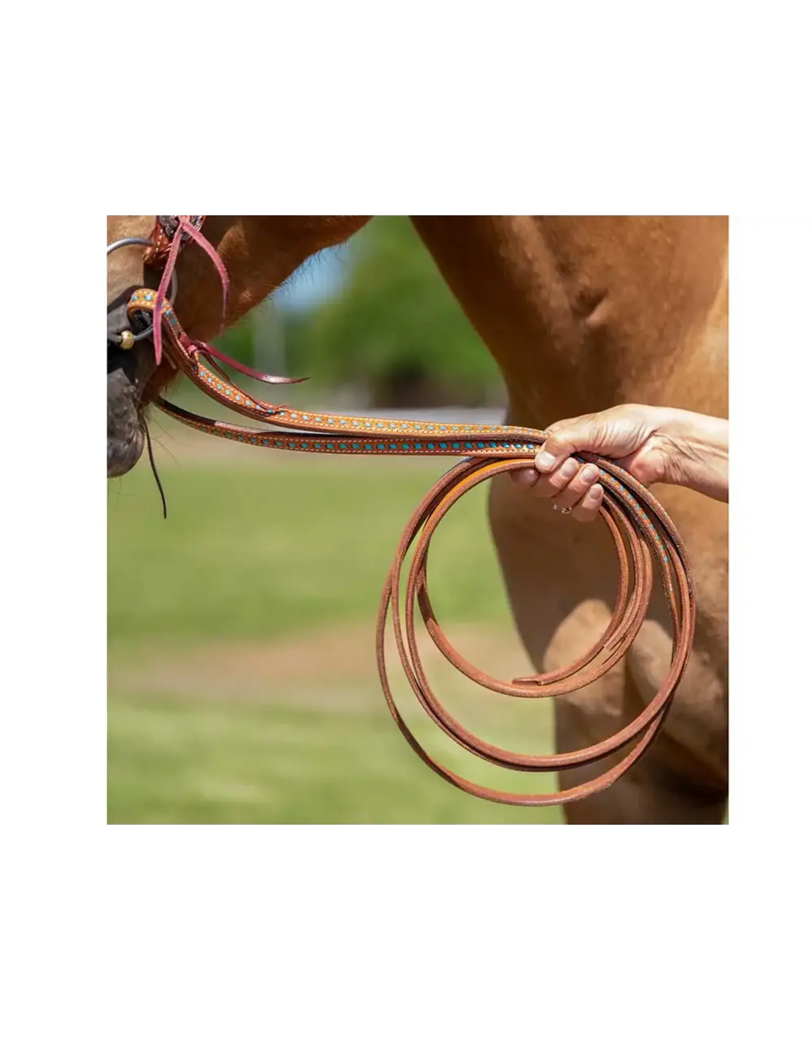 Grewal Western Split Reins with Turquoise Buckstitching  Tie Closure