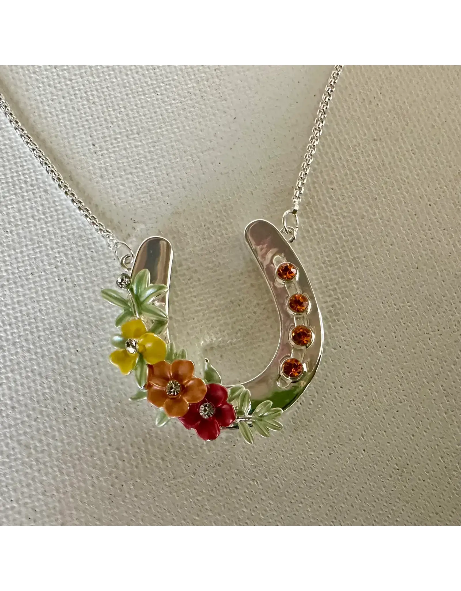 Carol Young Silver Horseshoe with Boho Flowers/Arabian Horse Necklace