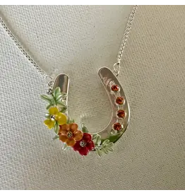 Carol Young Silver Horseshoe with Boho Flowers/Arabian Horse Necklace