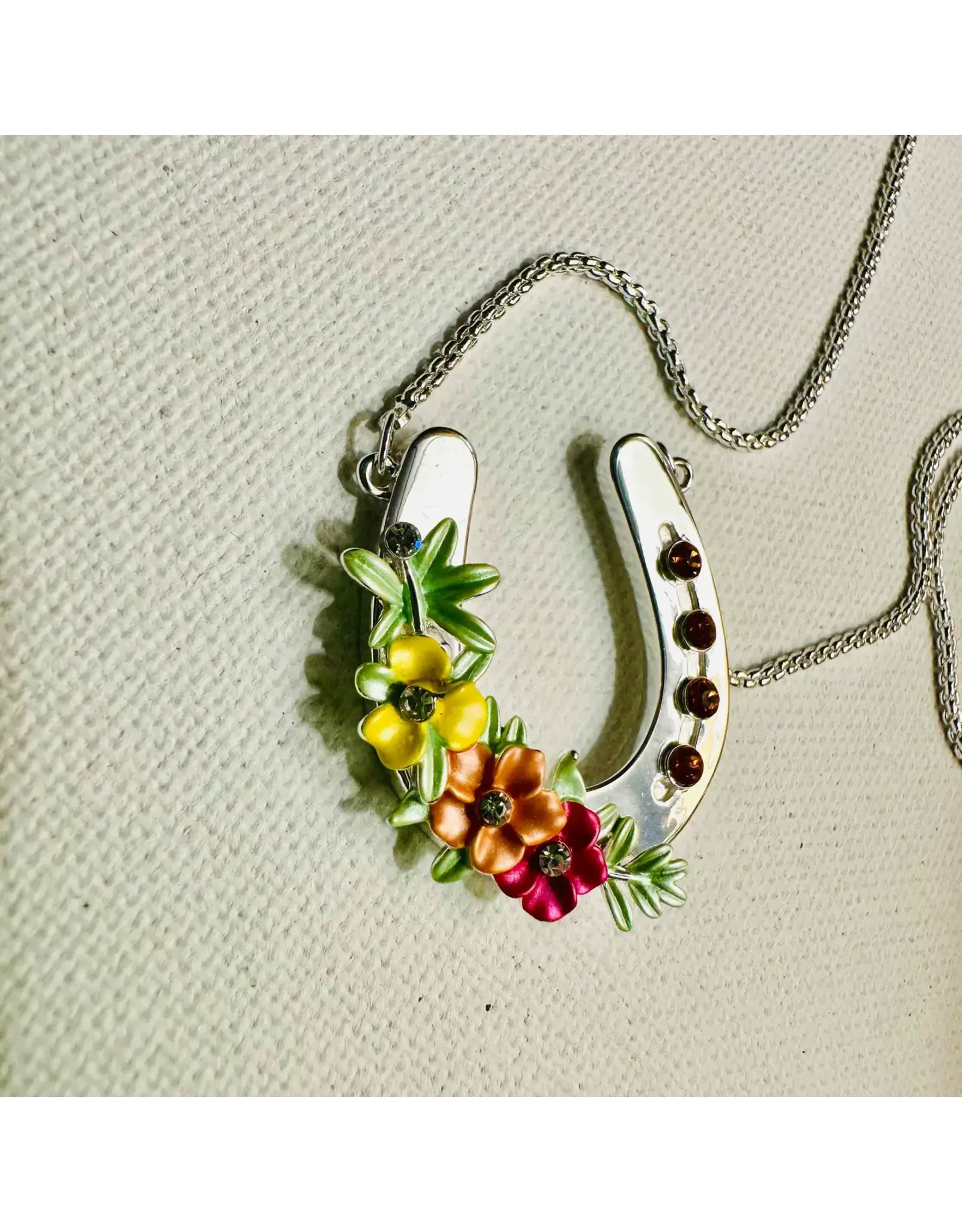 Carol Young Silver Horseshoe with Boho Flowers/Arabian Horse Necklace