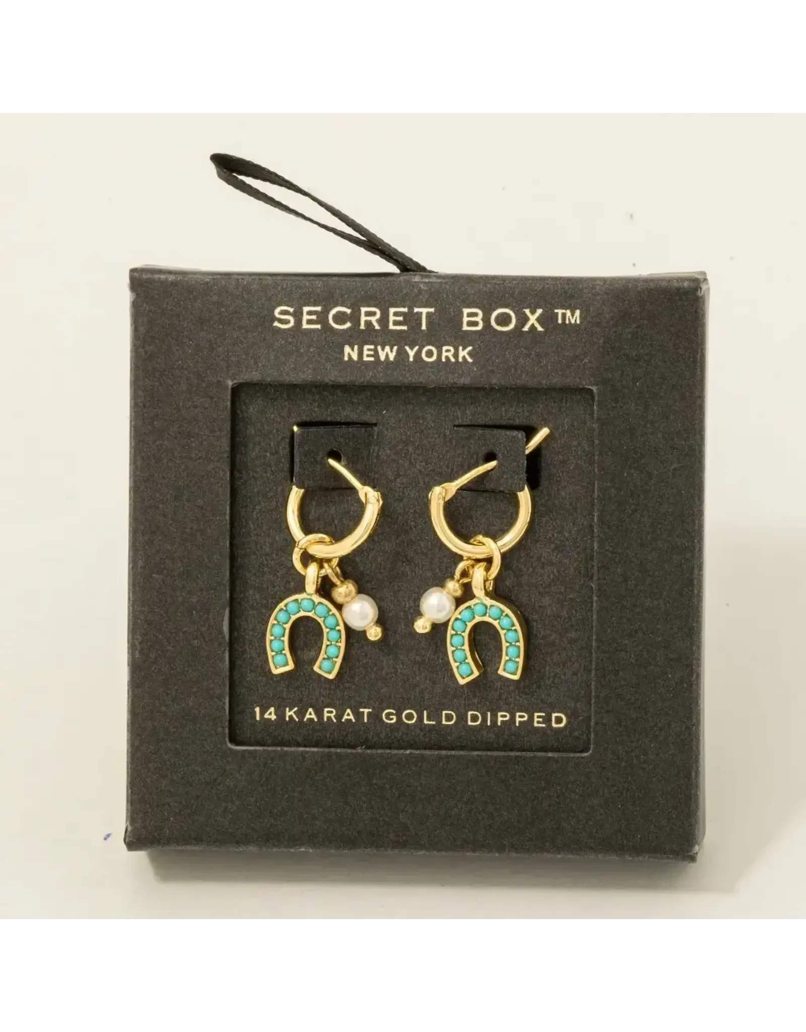 Fame Accessories Secret Box Gold Dipped Horse Shoe and Pearl Charm Hoop