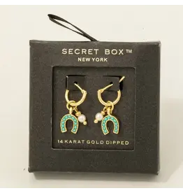 Fame Accessories Secret Box Gold Dipped Horse Shoe and Pearl Charm Hoop