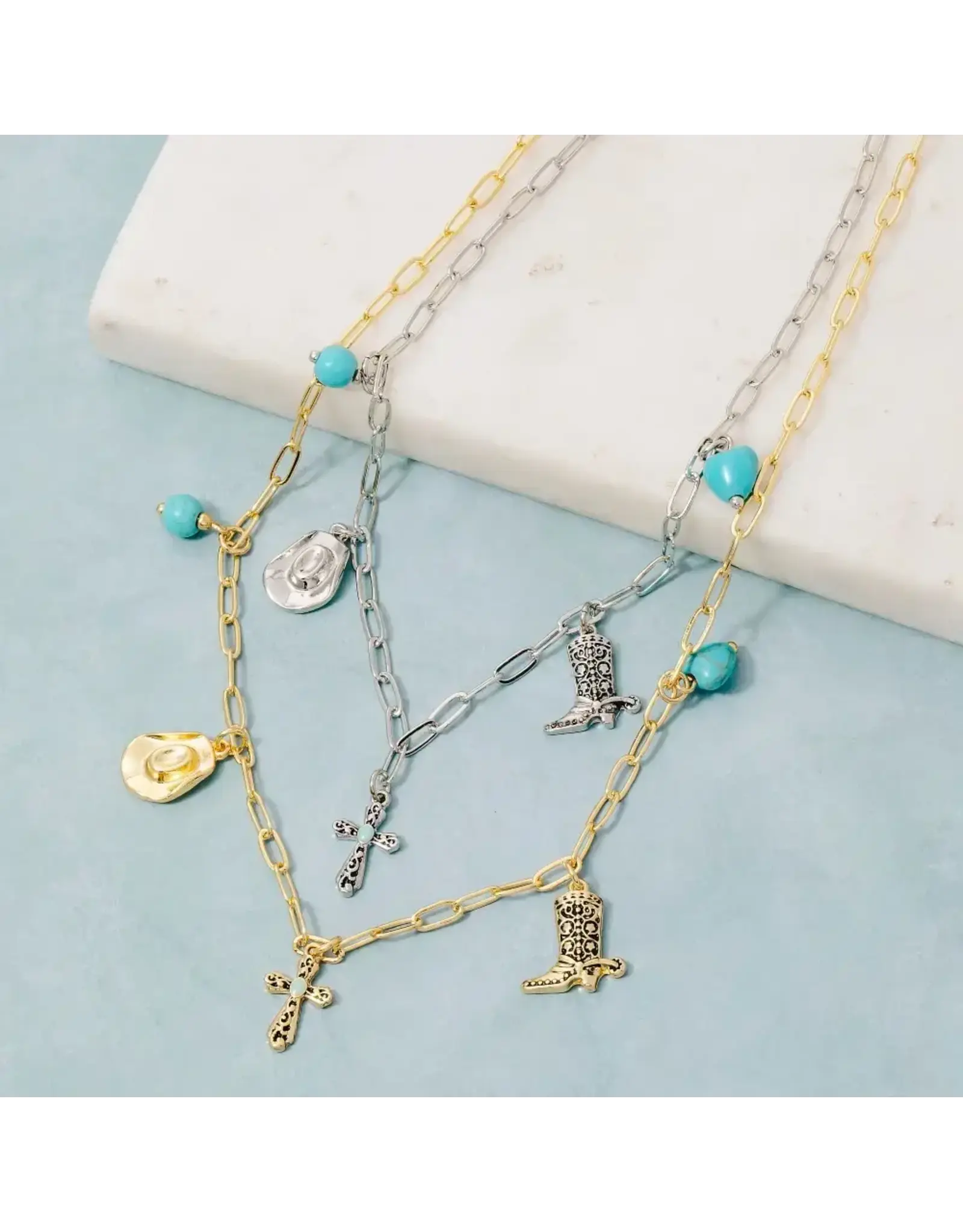 Fame Accessories Secret Box Gold Dipped Western Charms Chain Necklace