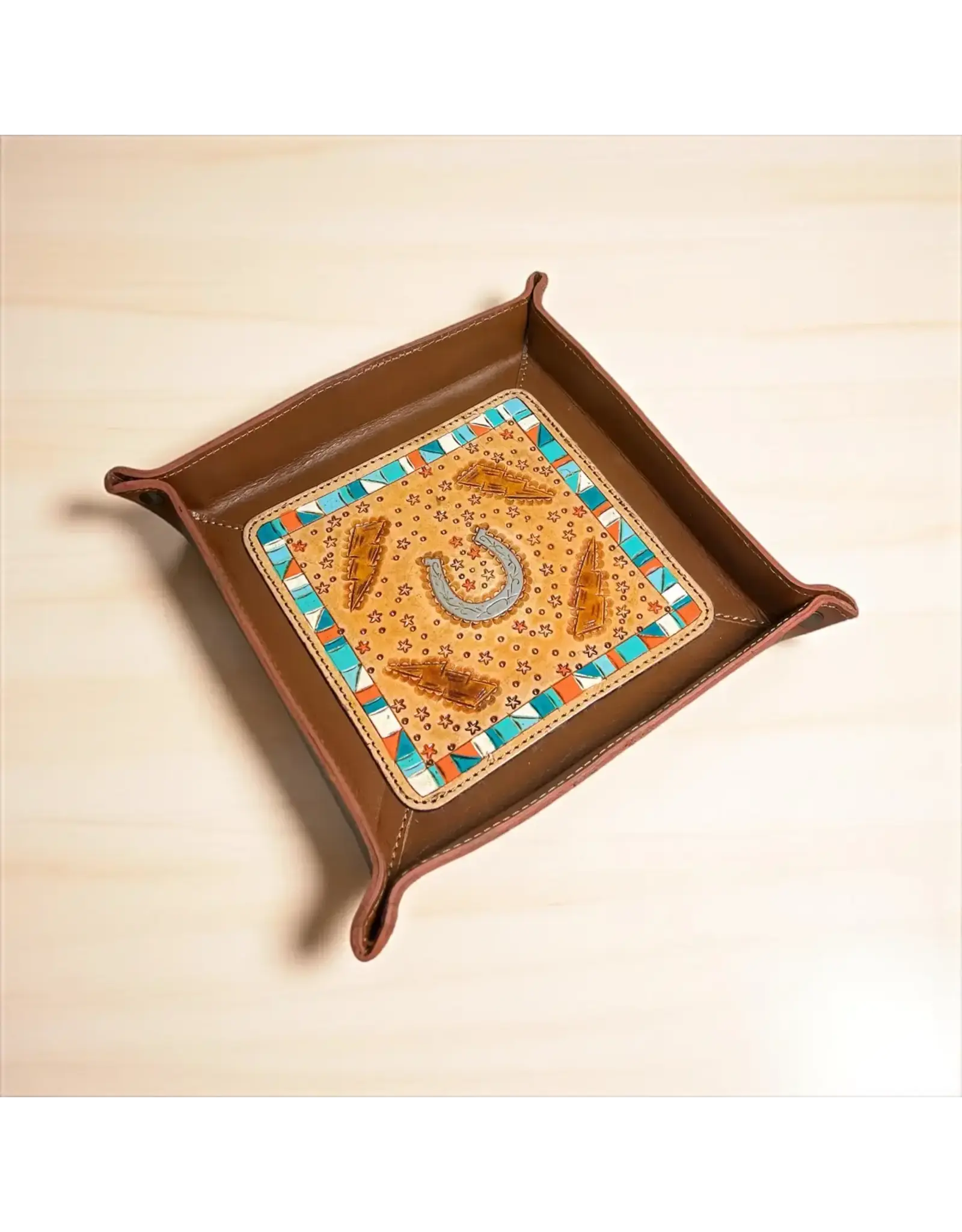 Western Linens Horseshoe Tooled Leather Tray