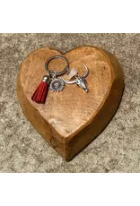 Western Linens Vintage Silver with Stone Longhorn Red Keychain