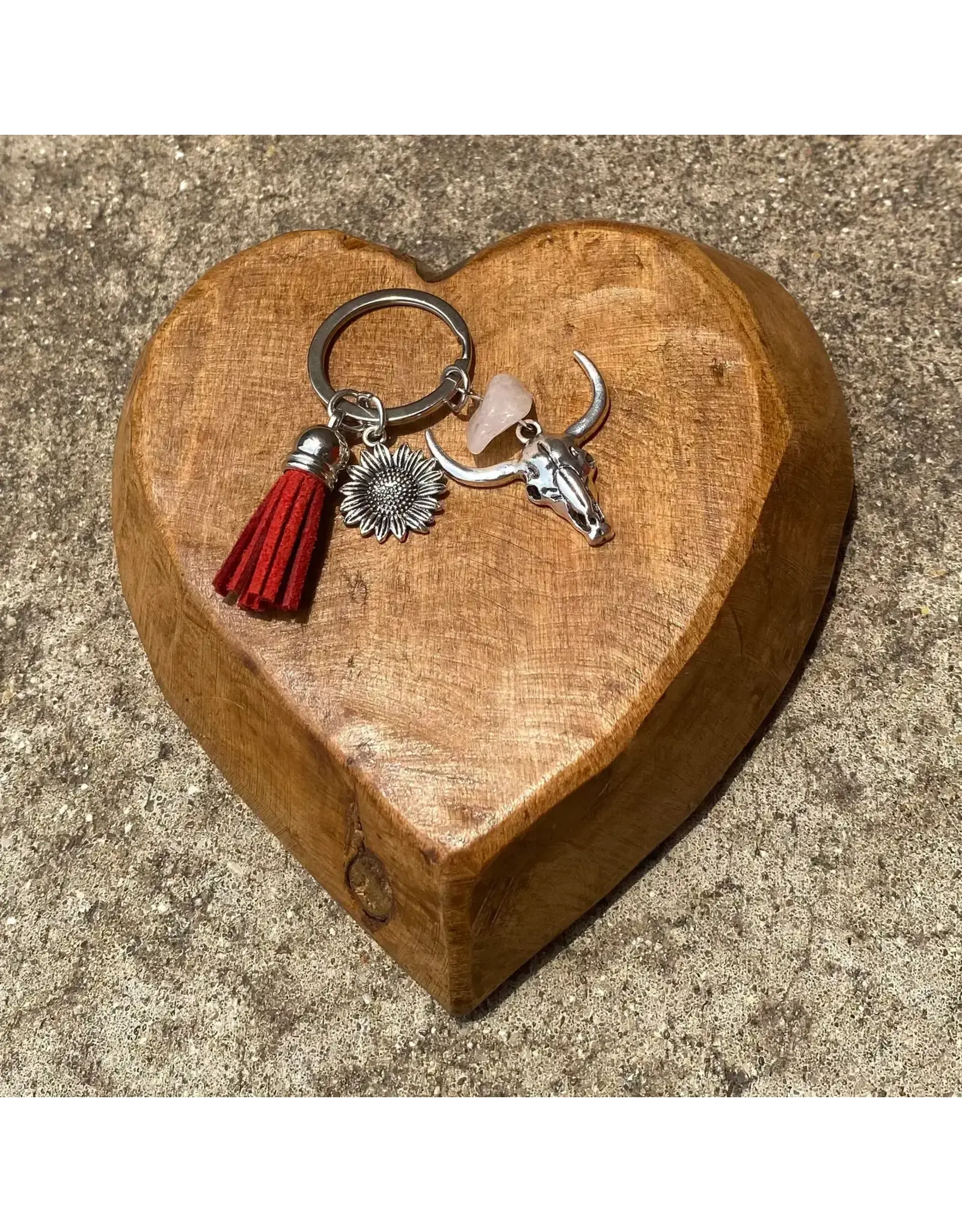 Western Linens Vintage Silver with Stone Longhorn Red Keychain