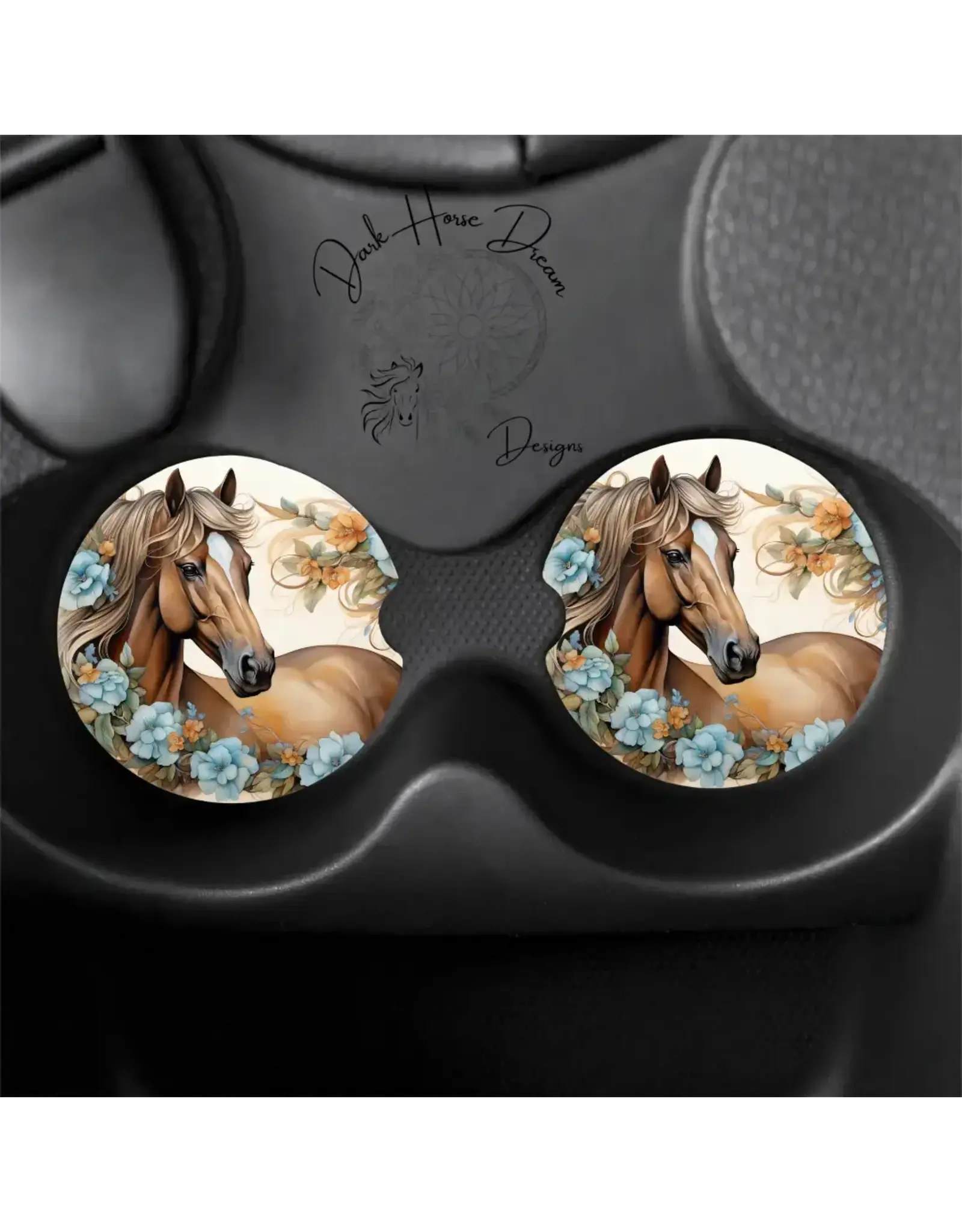 Palomino Horse in Blue Florals, Elegant Equine-Car Coasters