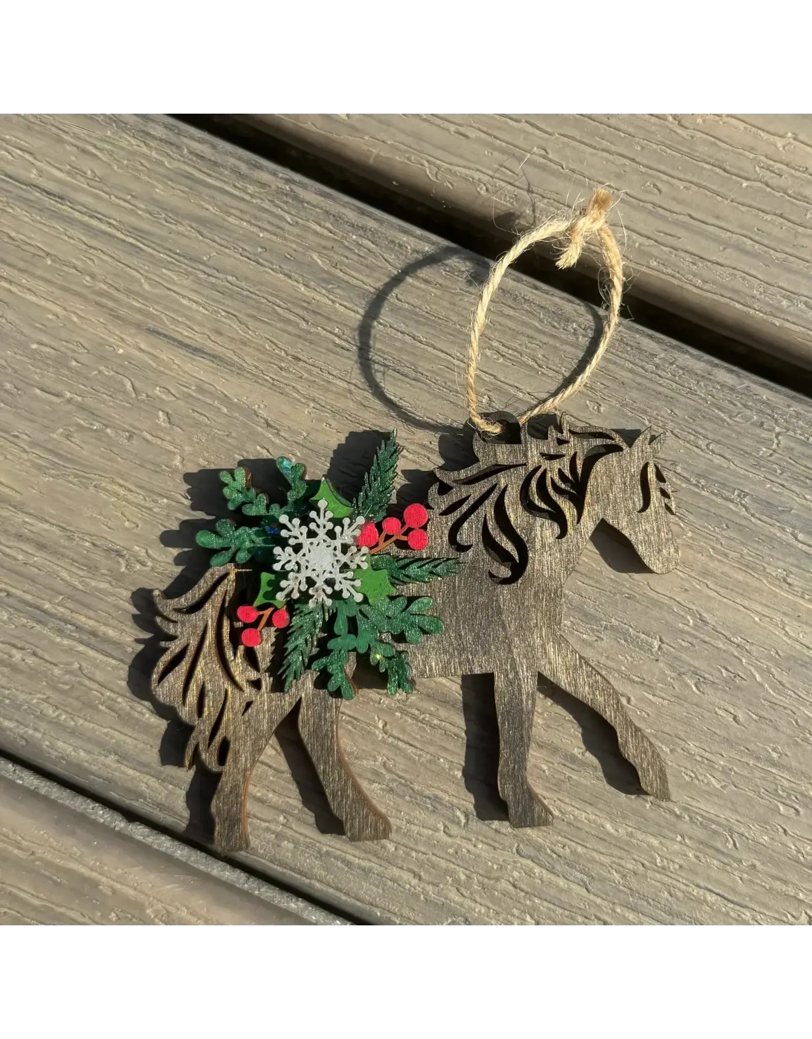 Rustic Wooden Horse Christmas Ornament with Wreath Accent