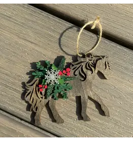 Rustic Wooden Horse Christmas Ornament with Wreath Accent
