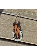 Wooden Line Art Horse Head Christmas Ornament Brown Horse on Black