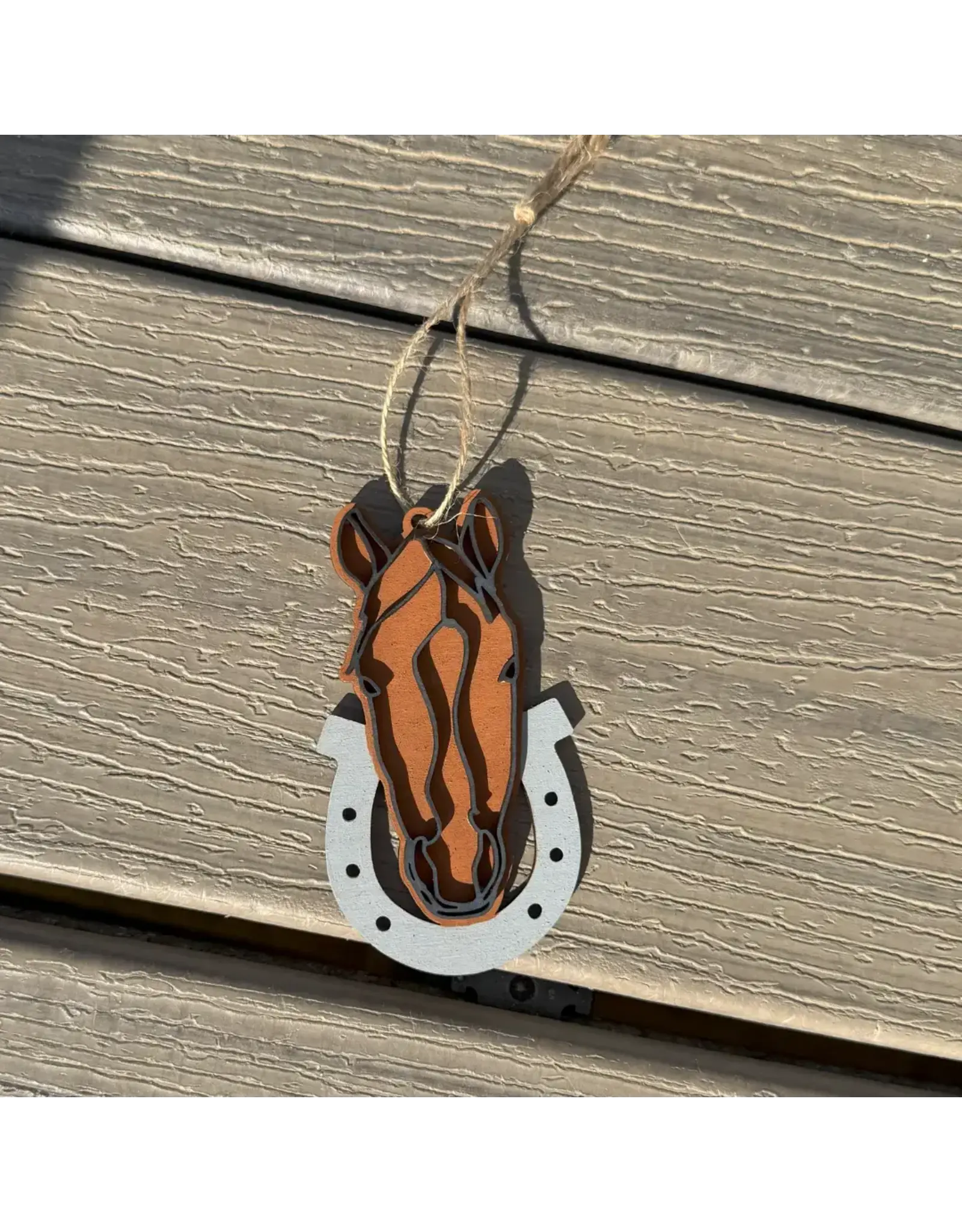 Wooden Line Art Horse Head Christmas Ornament Brown Horse on Black