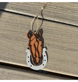 Wooden Line Art Horse Head Christmas Ornament Brown Horse on Black