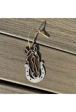 Wooden Line Art Horse Head Christmas Ornament White Horse on Black