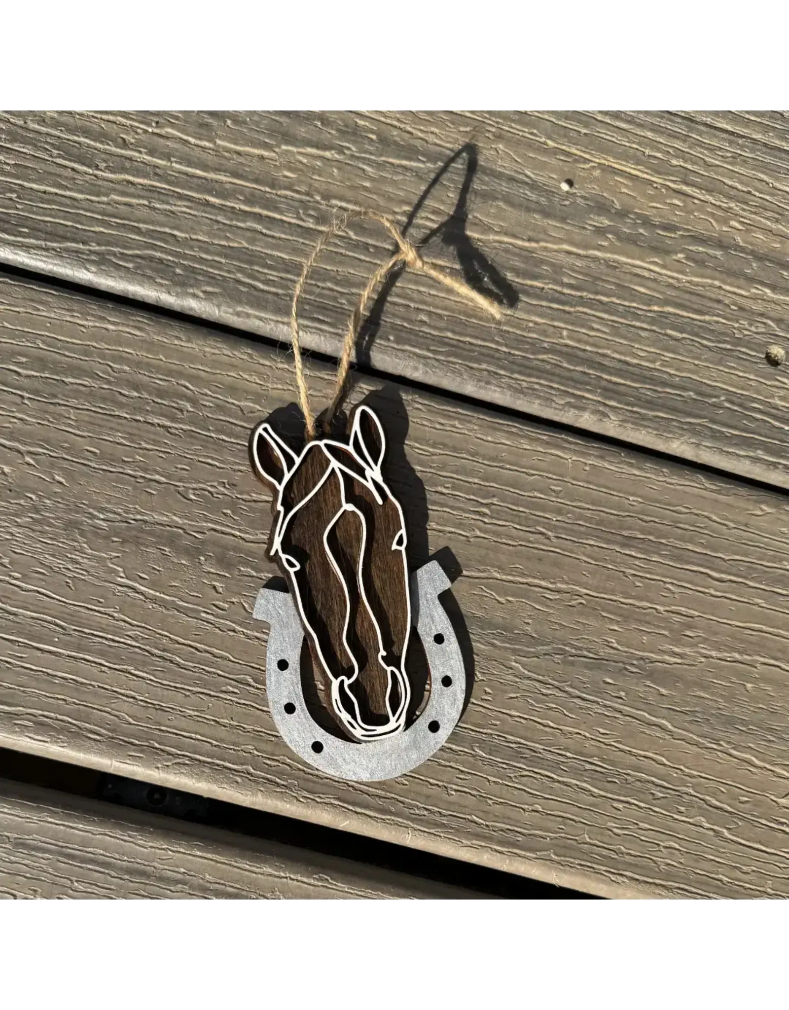 Wooden Line Art Horse Head Christmas Ornament White Horse on Black