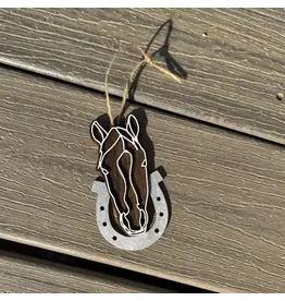 Wooden Line Art Horse Head Christmas Ornament White Horse on Black