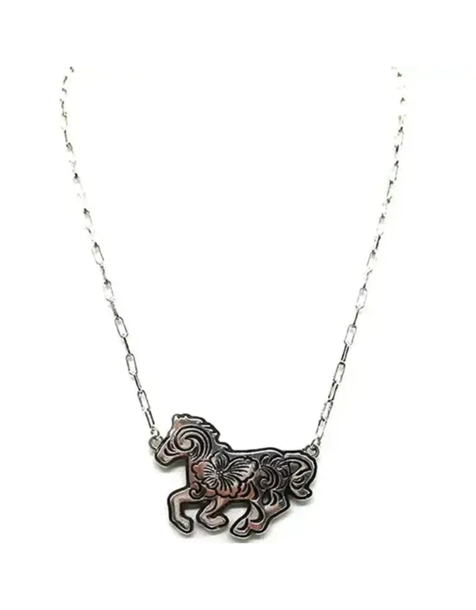 Snowing West Western Etched Running Horse Necklace