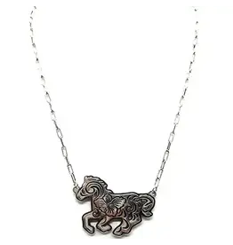 Snowing West Western Etched Running Horse Necklace
