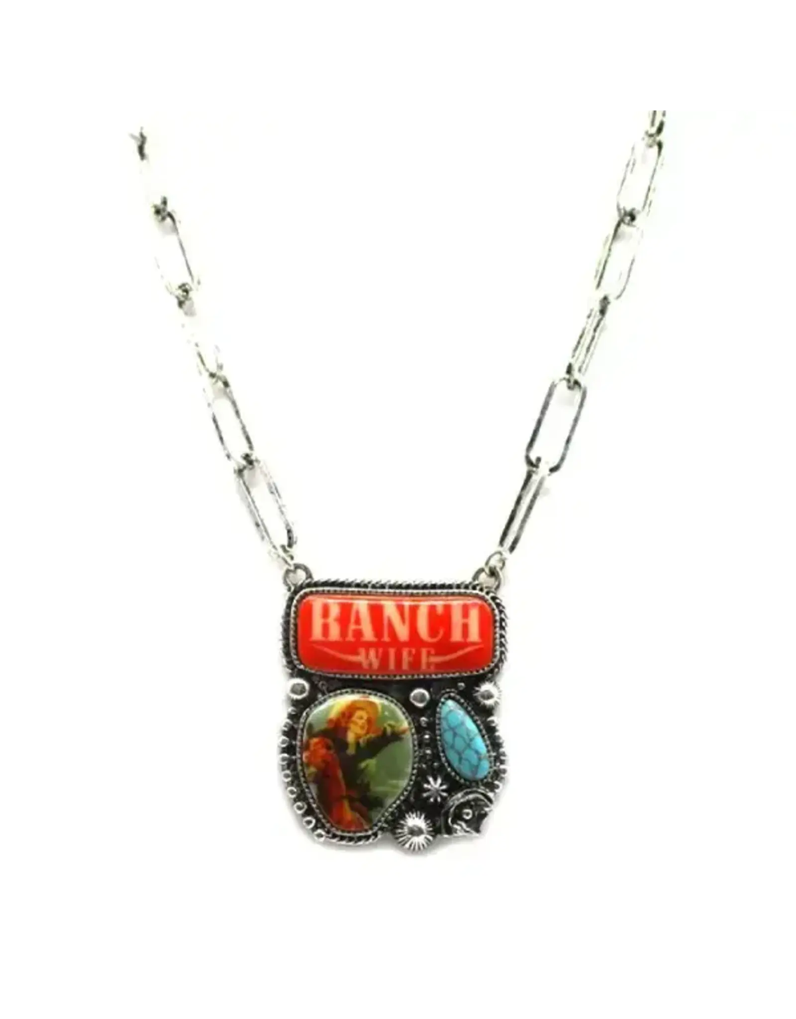 Snowing West Western Ranch Wife Turquoise Portrait Pendant Necklace