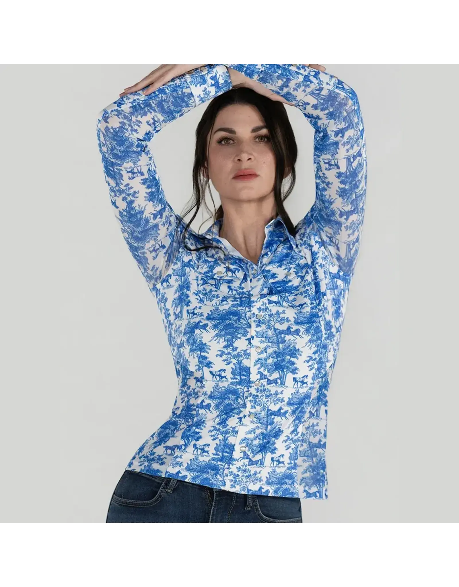 Dapplebay Equestrian Toile Button Down Western Shirt Blue/White