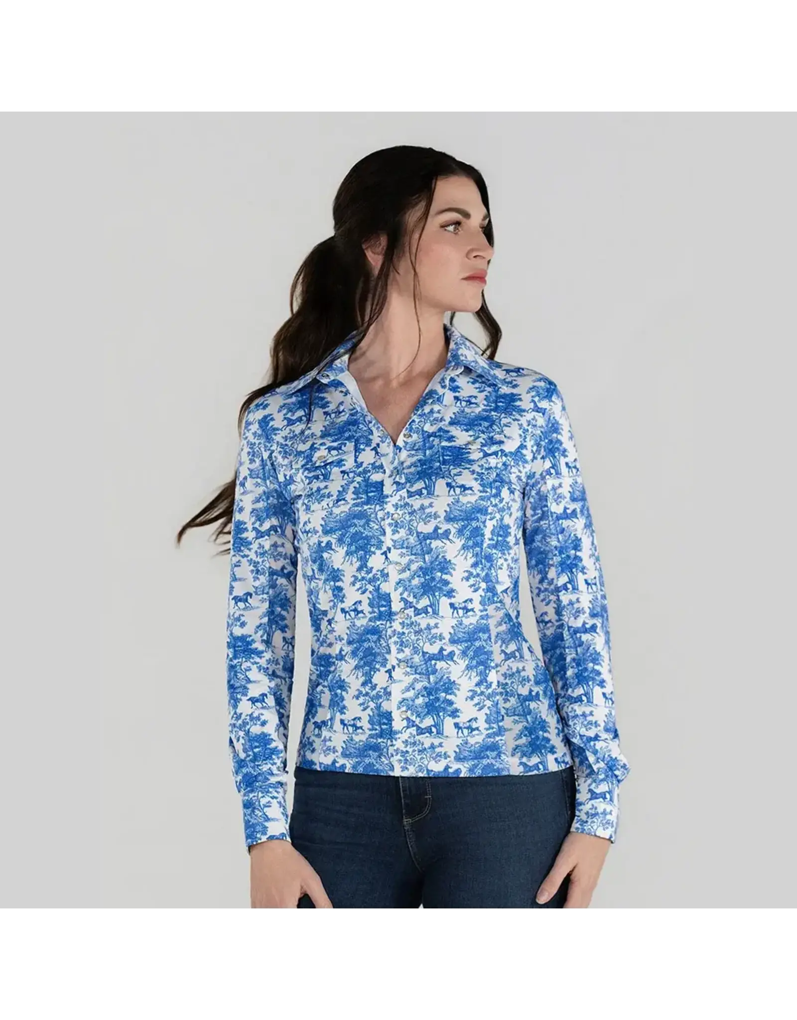 Dapplebay Equestrian Toile Button Down Western Shirt Blue/White