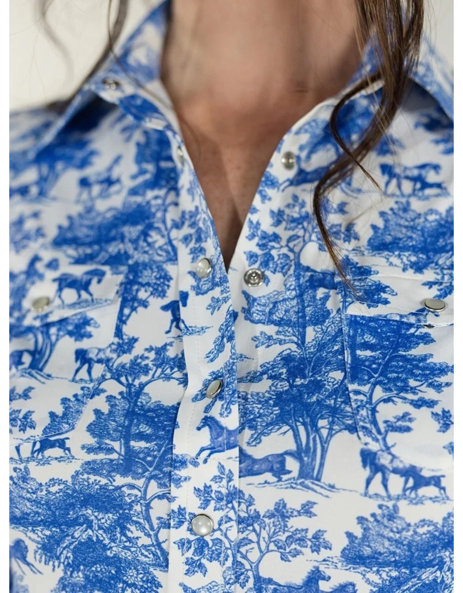 Dapplebay Equestrian Toile Button Down Western Shirt Blue/White