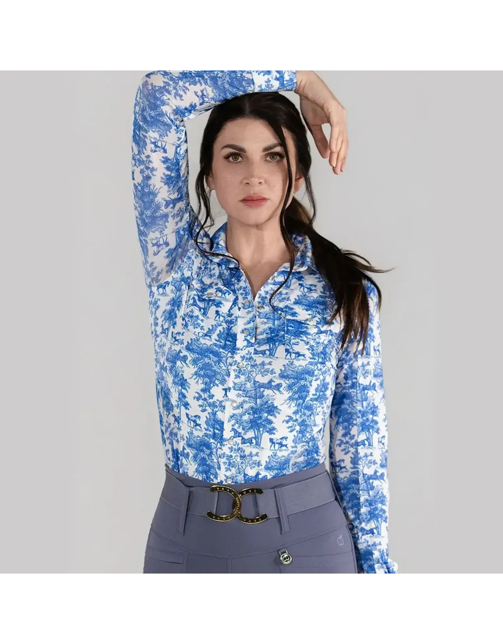 Dapplebay Equestrian Toile Button Down Western Shirt Blue/White