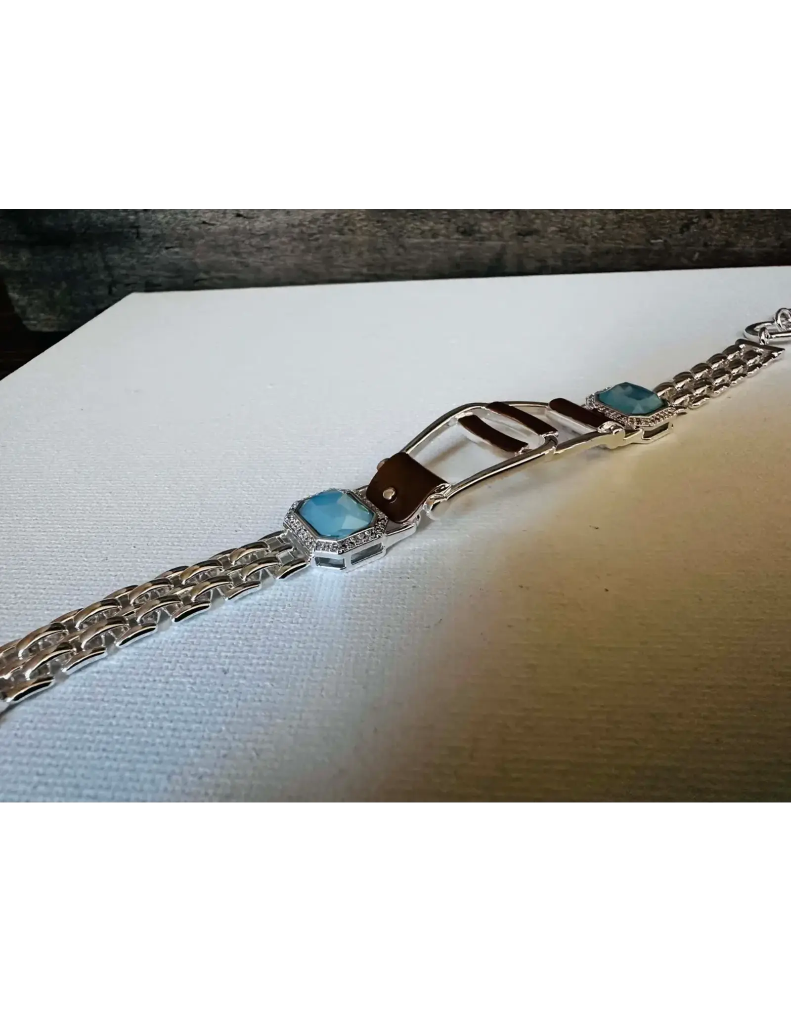 Carol Young Silver Bracelet Western Saddle Stirrup Aqua Stone and Toggle