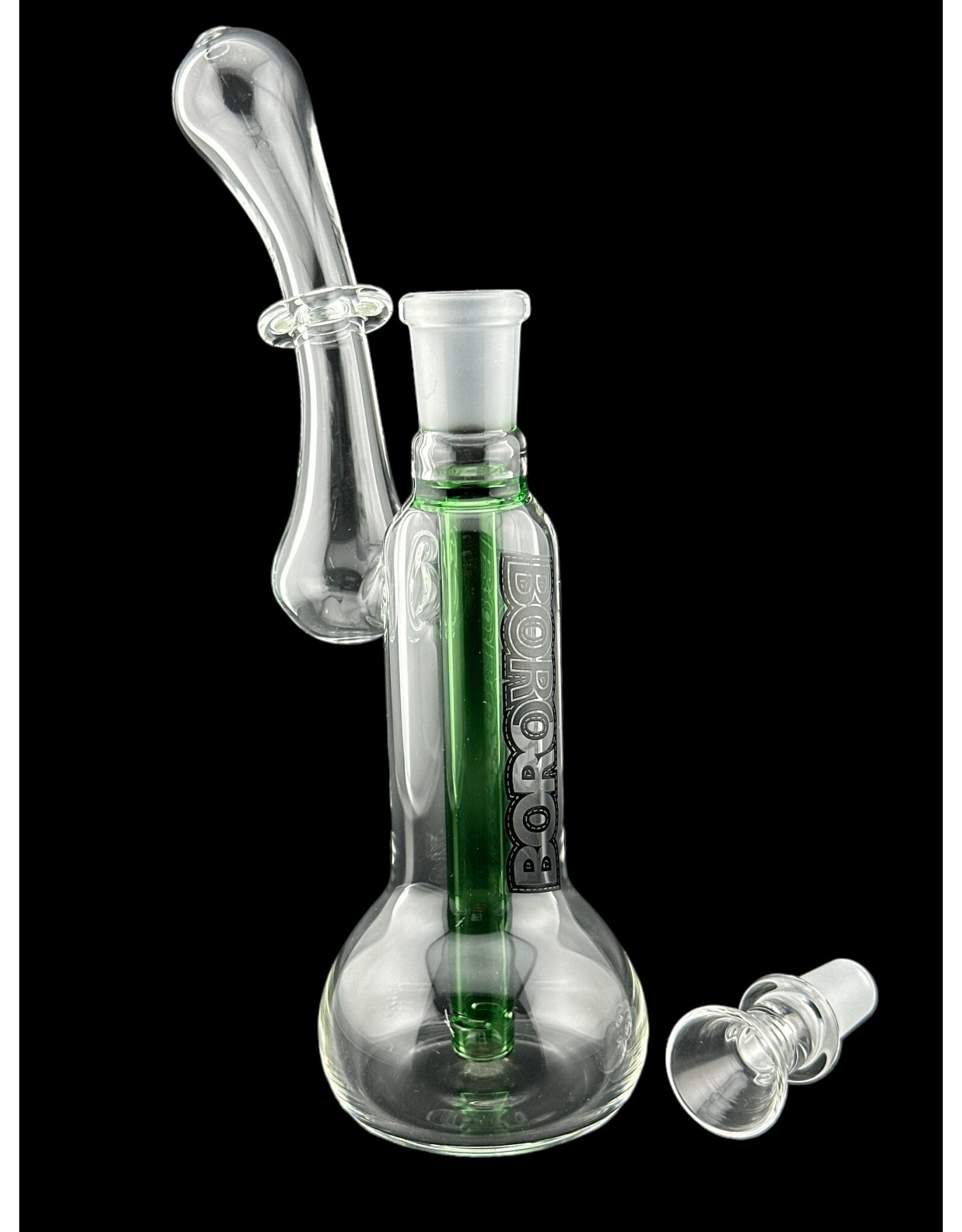 Borosyndicate Boro Small Classic Sherlock Bubbler Clear w/Green Fixed Stem 14mm