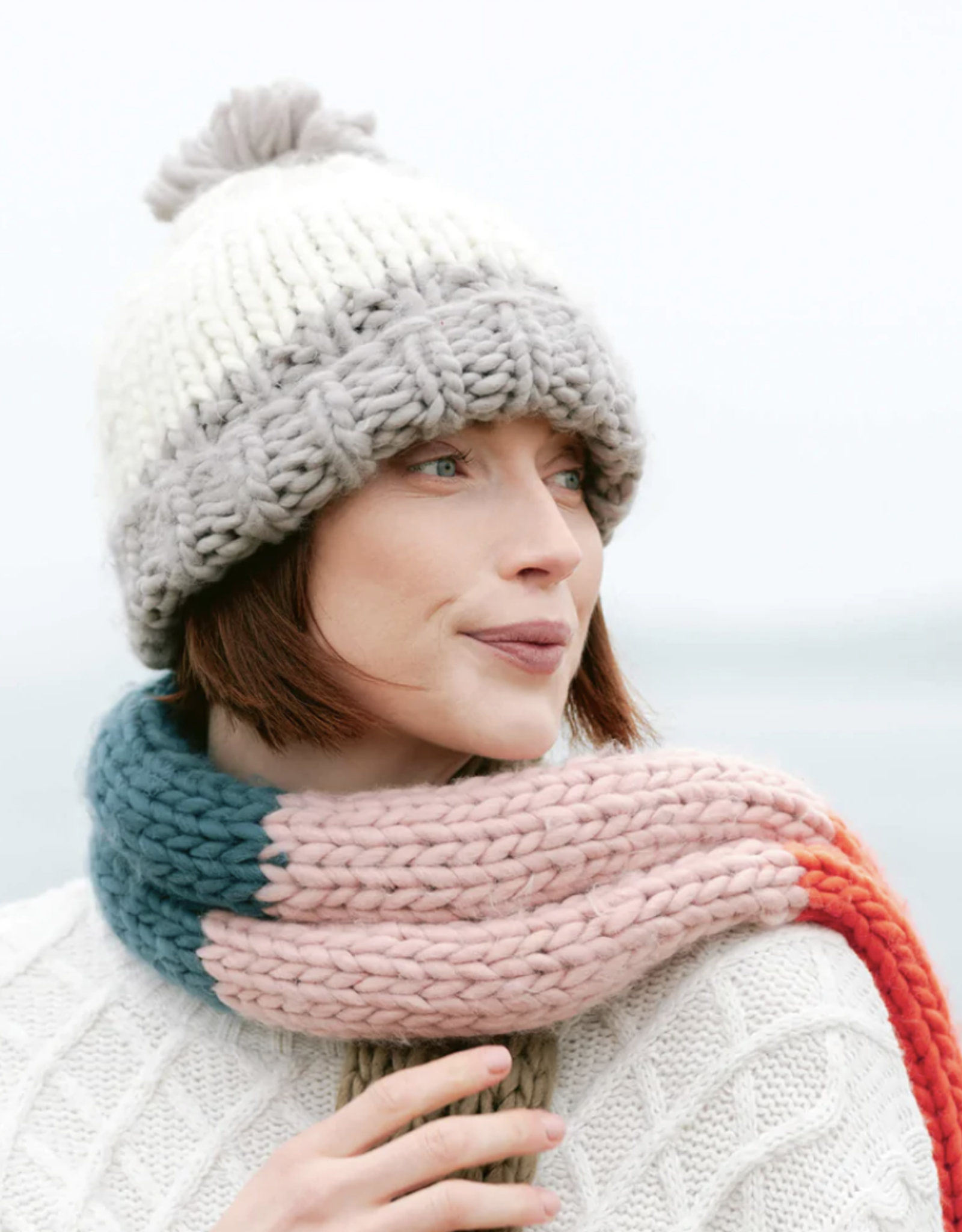 Mer Sea Knit Hat with Oversized Pom-Winter/Gray